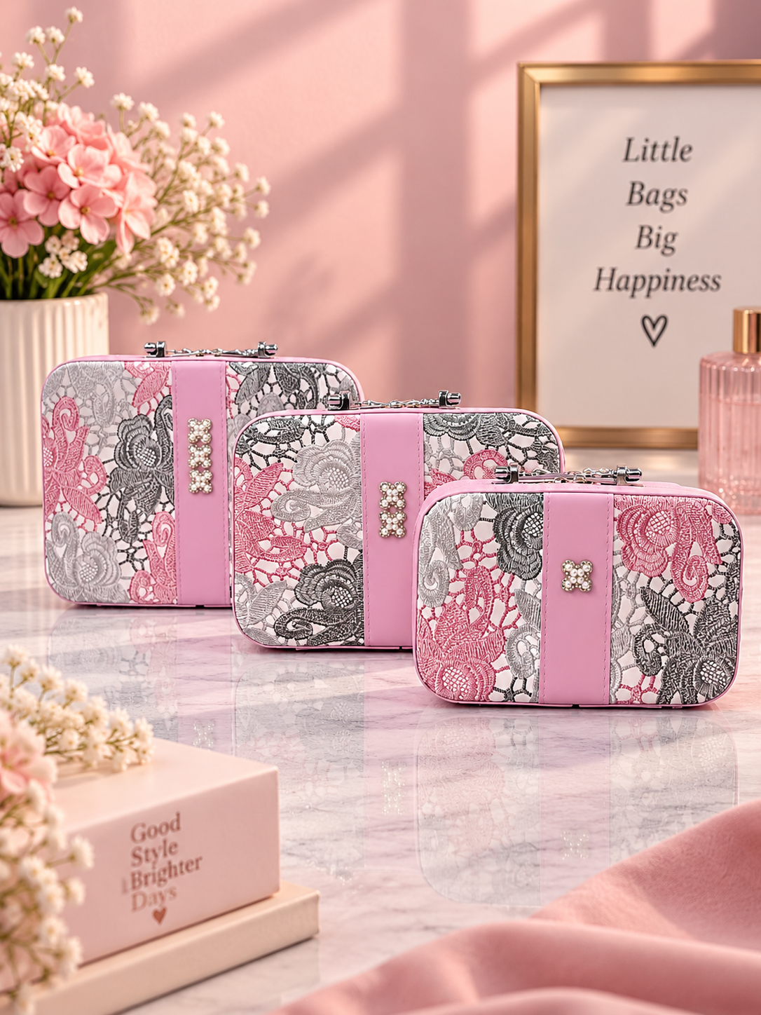Lace Floral Vanity Case 3-Piece Set