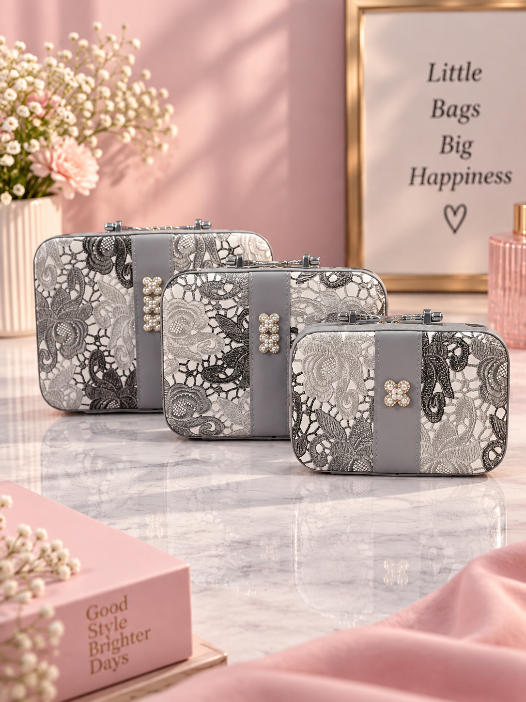 Lace Floral Vanity Case 3-Piece Set