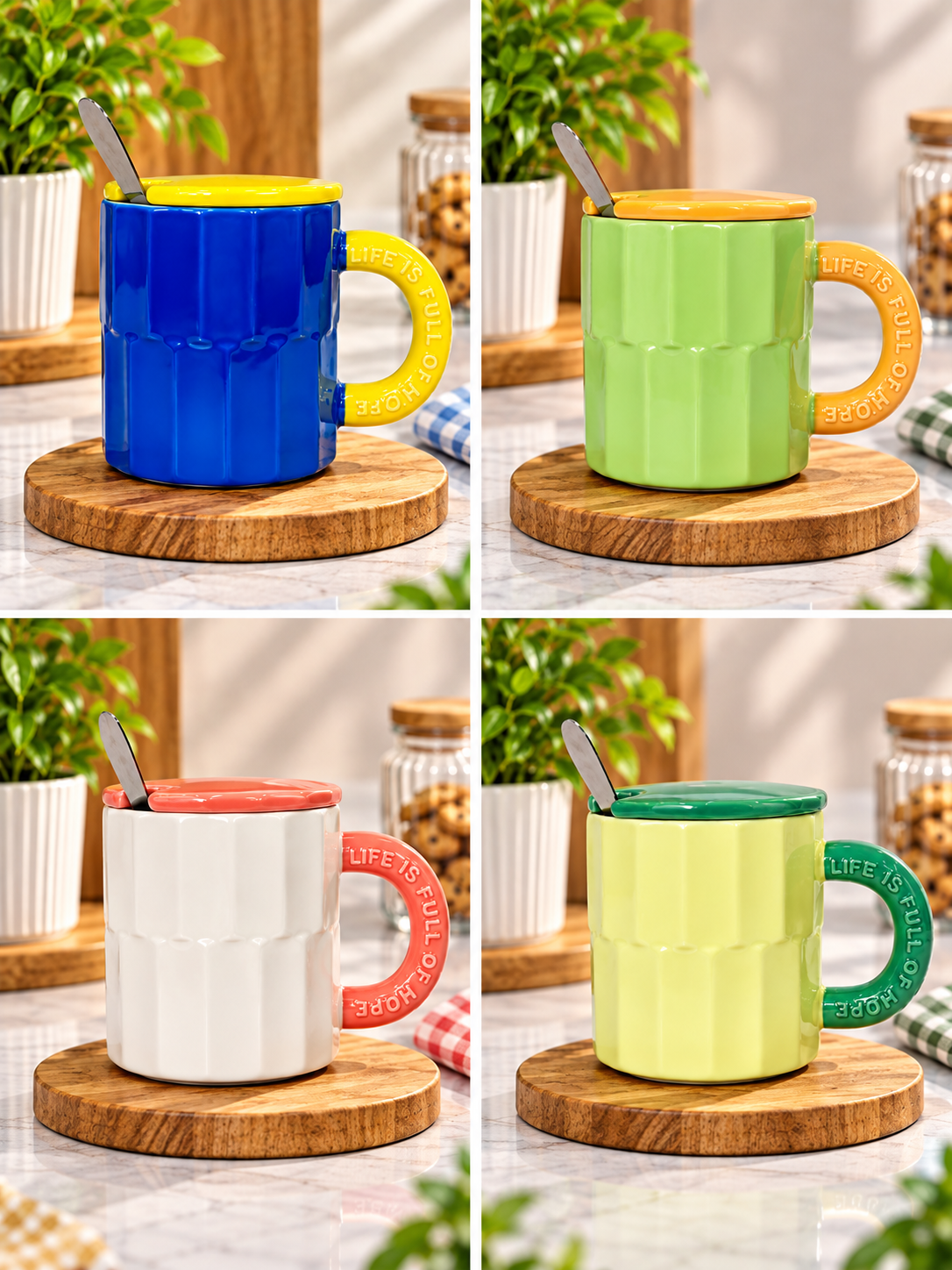 Fluted ceramic mug set in blue and green, each with lid and spoon, on wooden base.