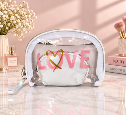 Clear white LOVE 2-in-1 cosmetic organizer set with two zip makeup pouches