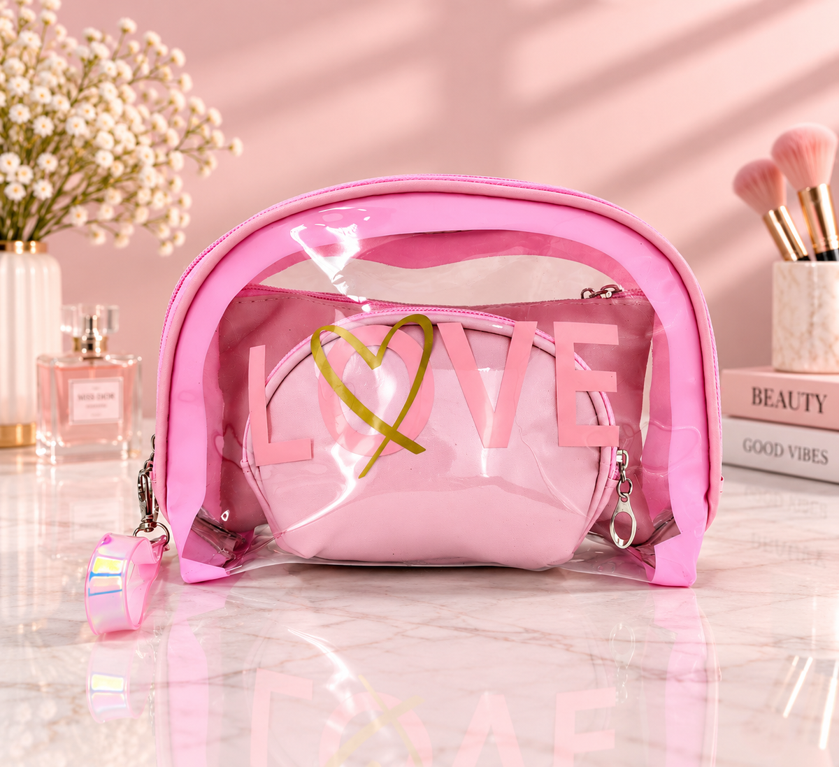 Clear light pink LOVE 2-in-1 cosmetic organizer set with two zip makeup pouches