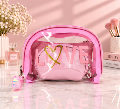 Clear light pink LOVE 2-in-1 cosmetic organizer set with two zip makeup pouches