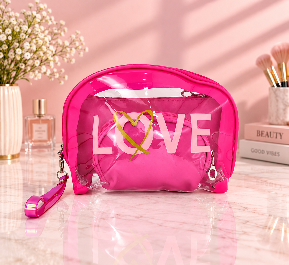 Clear hot pink LOVE 2-in-1 cosmetic organizer set with two zip makeup pouches