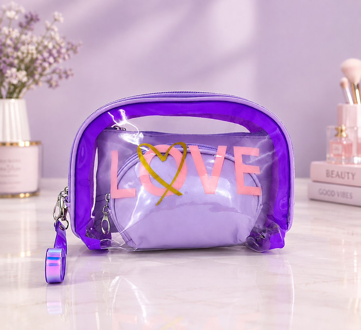 Clear purple LOVE 2-in-1 cosmetic organizer set with two zip makeup pouches