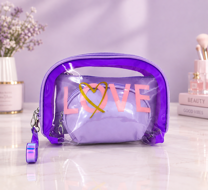 Clear purple LOVE 2-in-1 cosmetic organizer set with two zip makeup pouches