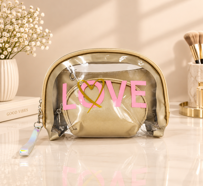 Clear gold LOVE 2-in-1 cosmetic organizer set with two zip makeup pouches