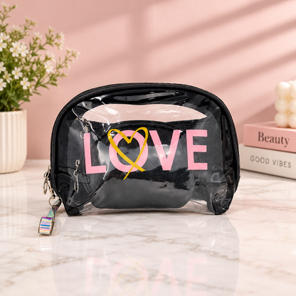 Clear black LOVE 2-in-1 cosmetic organizer set with two zip makeup pouches