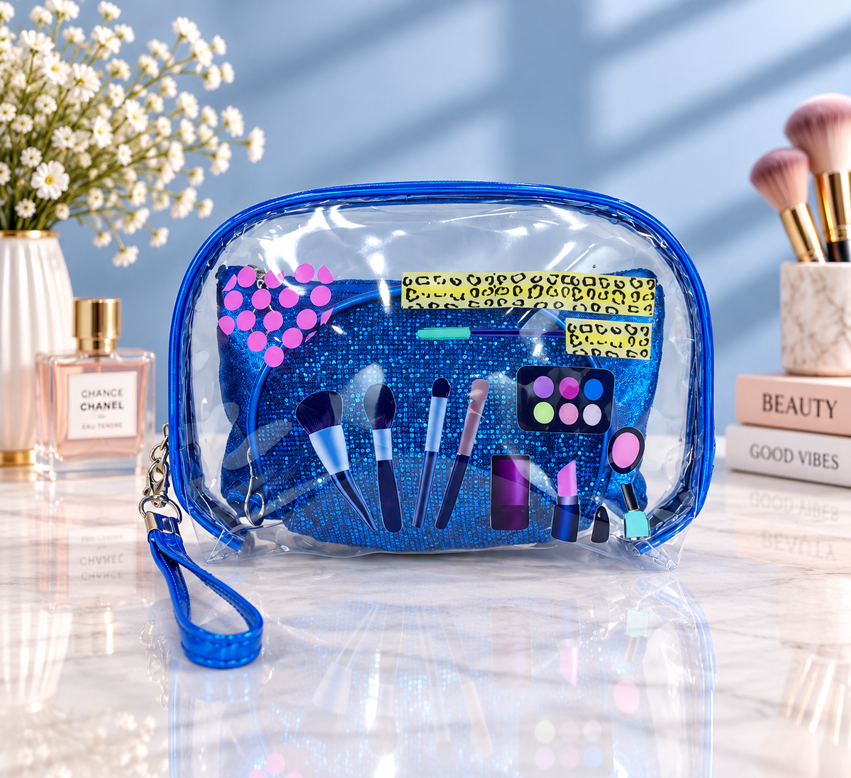Transparent Makeup Tools & Glam Print 2-in-1 Cosmetic Organizer / Pouch Set