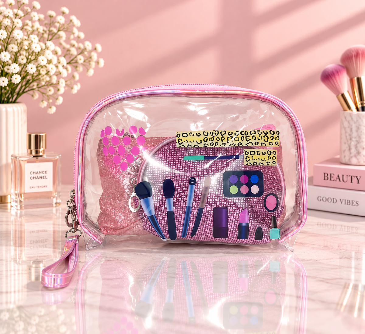 Transparent Makeup Tools & Glam Print 2-in-1 Cosmetic Organizer / Pouch Set