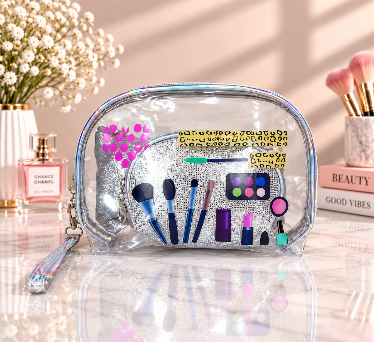 Transparent Makeup Tools & Glam Print 2-in-1 Cosmetic Organizer / Pouch Set