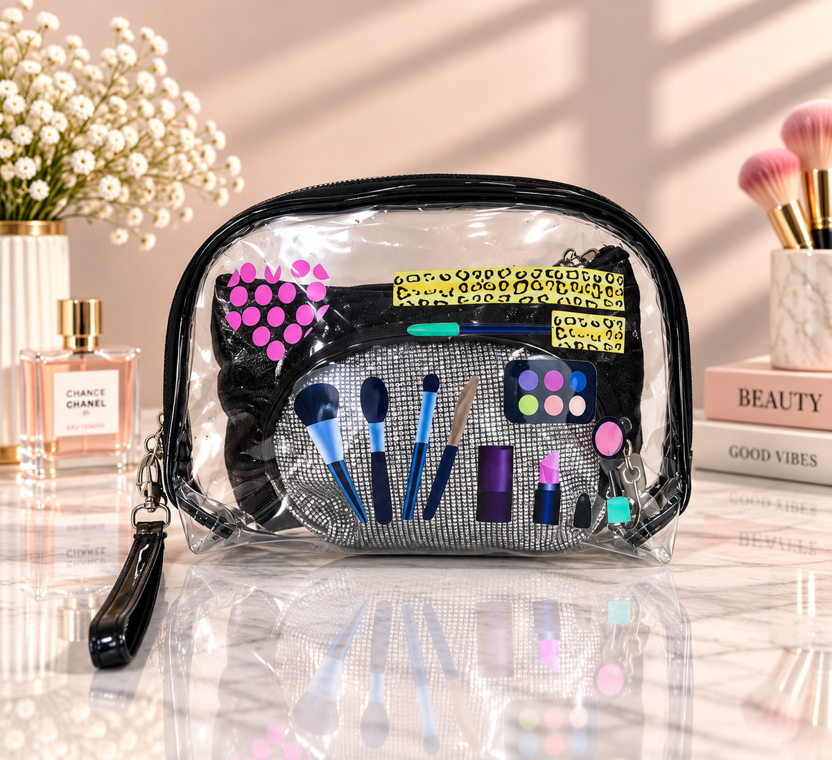 Transparent Makeup Tools & Glam Print 2-in-1 Cosmetic Organizer / Pouch Set