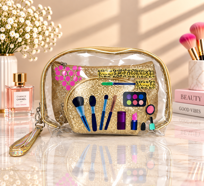 Transparent cosmetic organizer pouch set with gold glitter trim and glam print makeup tools.