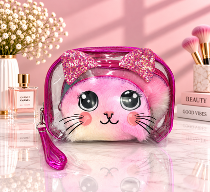 Fuchsia pink clear cat-face 2-in-1 cosmetic organizer with sequined bow ears and wrist strap