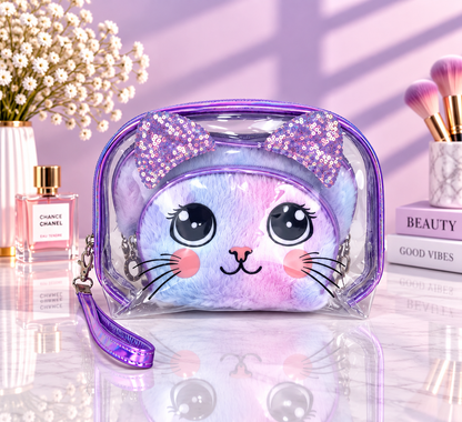 Purple clear cat-face 2-in-1 cosmetic organizer with sequined bow ears and wrist strap