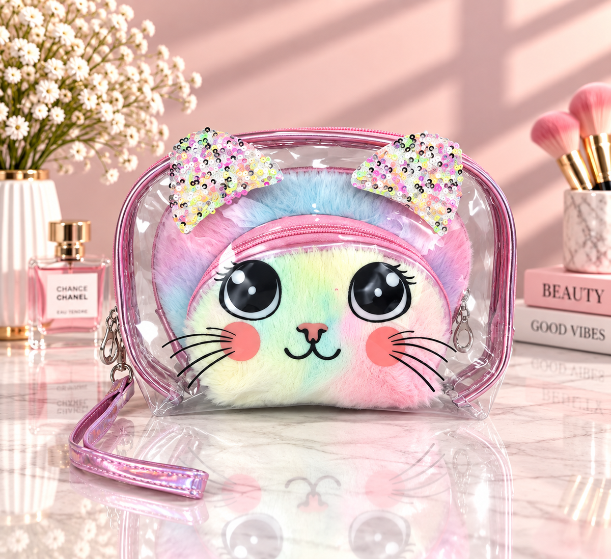 Multi-color clear cat-face 2-in-1 cosmetic organizer with sequined bow ears and wrist strap