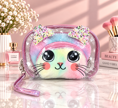 Multi-color clear cat-face 2-in-1 cosmetic organizer with sequined bow ears and wrist strap