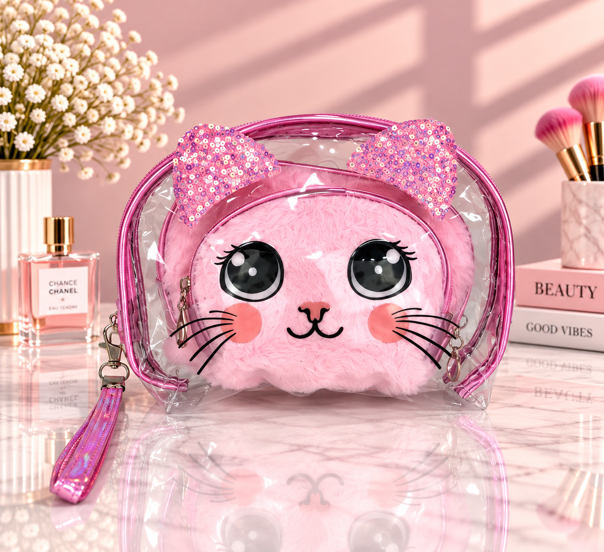 Pink clear cat-face 2-in-1 cosmetic organizer with sequined bow ears and side strap