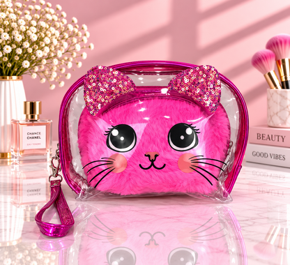 Hot pink clear cat-face 2-in-1 cosmetic organizer with sequined bow ears and wrist strap