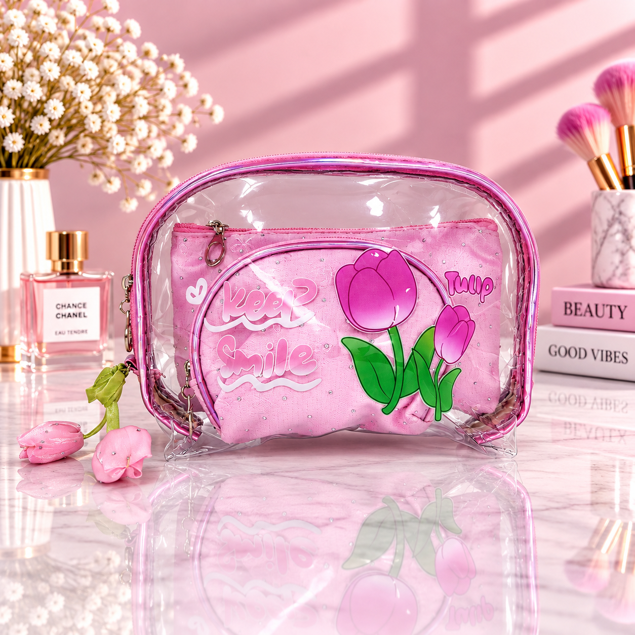 Light pink 2-in-1 cosmetic organizer with clear zip pouch and tulip “Keep Smile” print