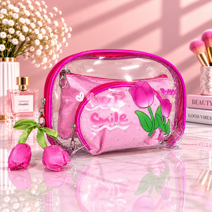 Hot pink 2-in-1 cosmetic organizer with clear zip pouch and tulip “Keep Smile” print