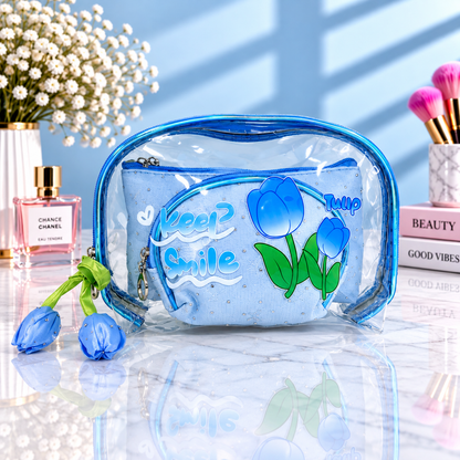 Blue 2-in-1 cosmetic organizer with clear zip pouch and tulip “Keep Smile” print