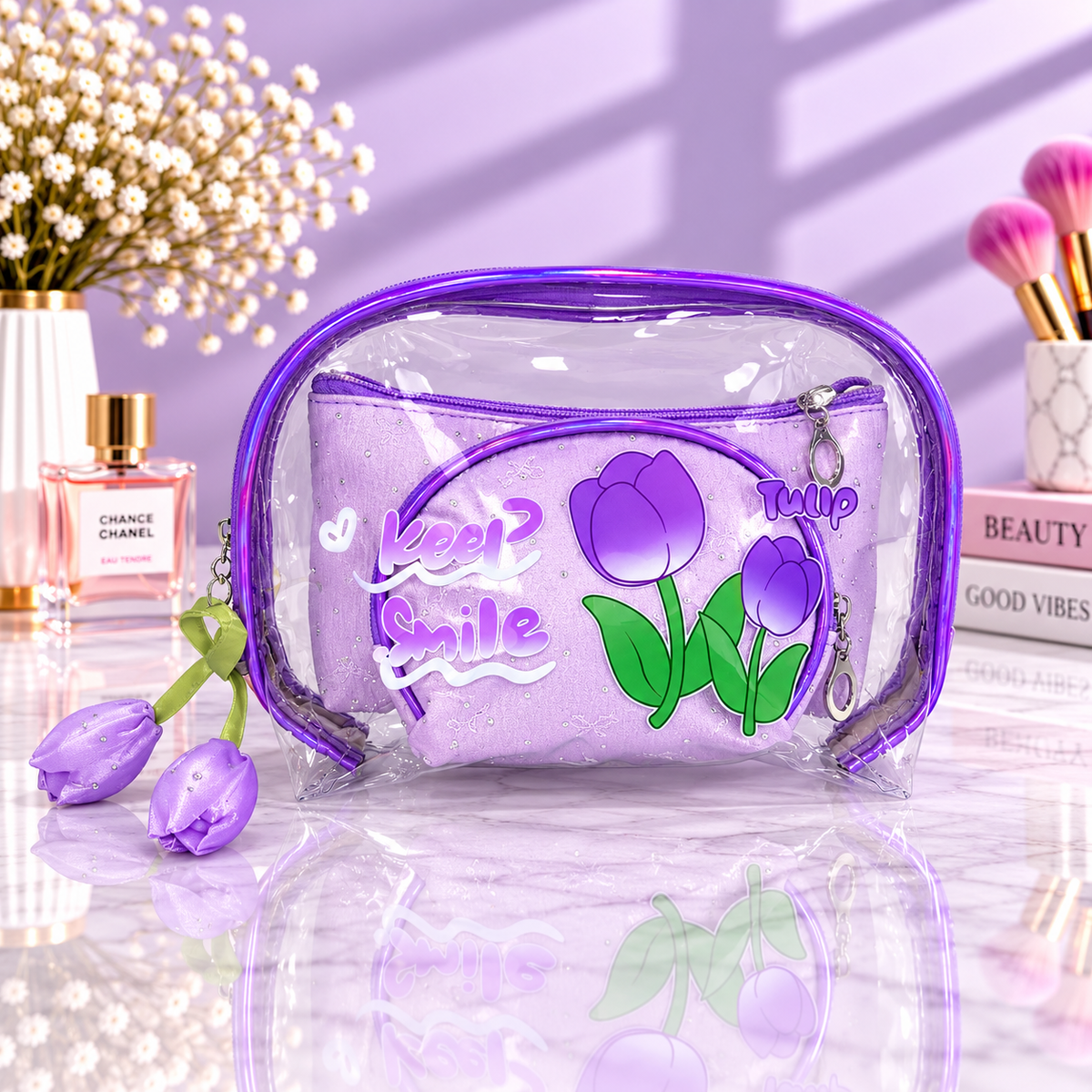 Purple 2-in-1 cosmetic organizer with clear zip pouch and tulip “Keep Smile” print