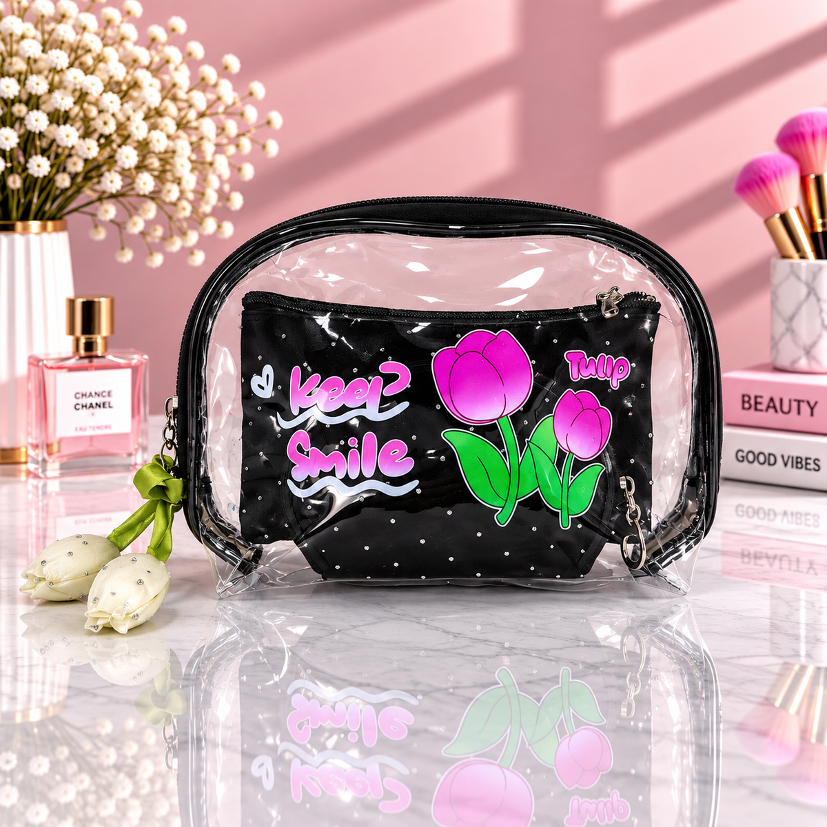 Black 2-in-1 cosmetic organizer with clear zip pouch and tulip “Keep Smile” print