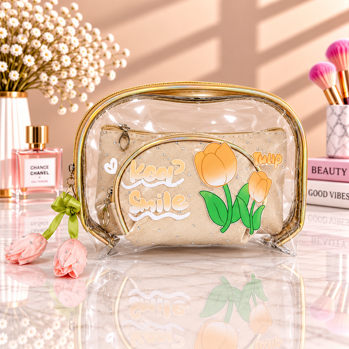 Beige 2-in-1 cosmetic organizer with clear zip pouch and tulip “Keep Smile” print