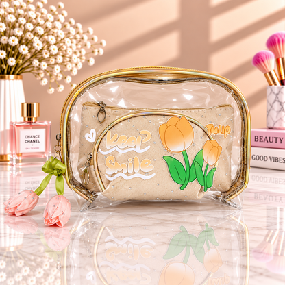Beige 2-in-1 cosmetic organizer with clear zip pouch and tulip “Keep Smile” print