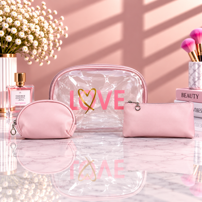 Clear pink LOVE 2-in-1 cosmetic organizer set with two zip makeup pouches