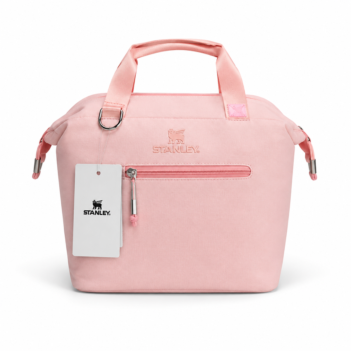 Insulated carry-all cooler bag, pink with front zipper pocket and loop top handle