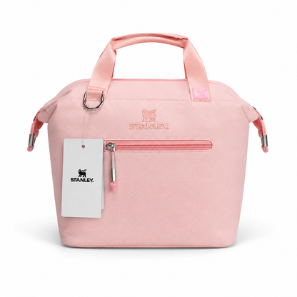 Insulated carry-all cooler bag, pink with front zipper pocket and loop top handle