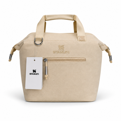 Insulated carry-all cooler bag, beige with front zipper pocket and top carry handle