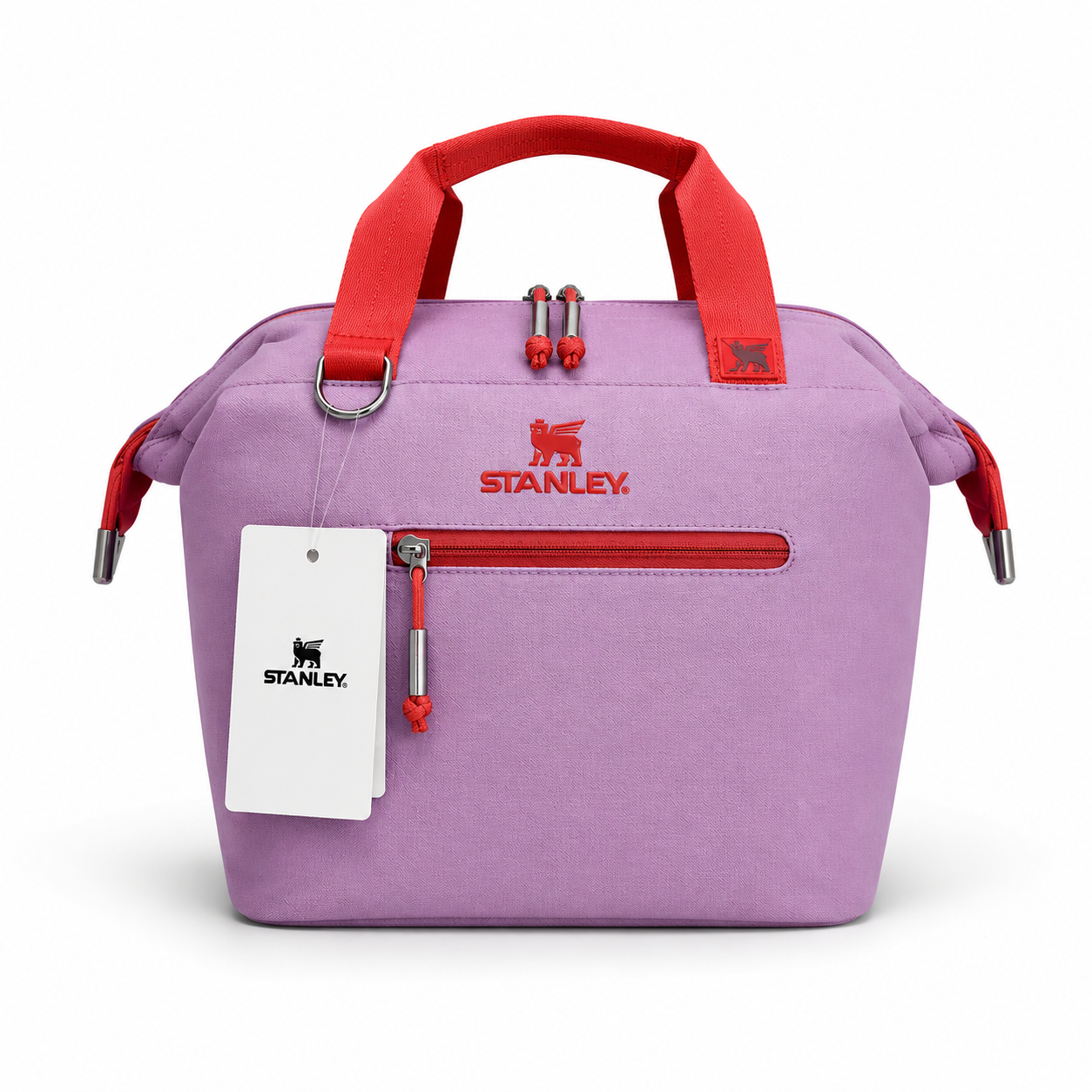 Insulated carry-all cooler bag, purple with red zipper pocket and top carry handle