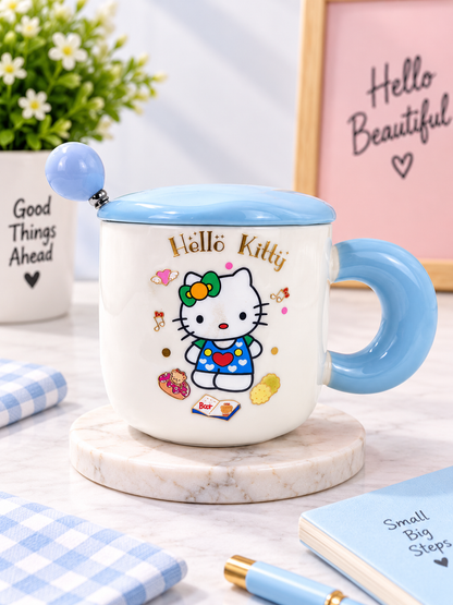 Ceramic coffee mug with lid and spoon, white with Hello Kitty print, blue lid and handle.
