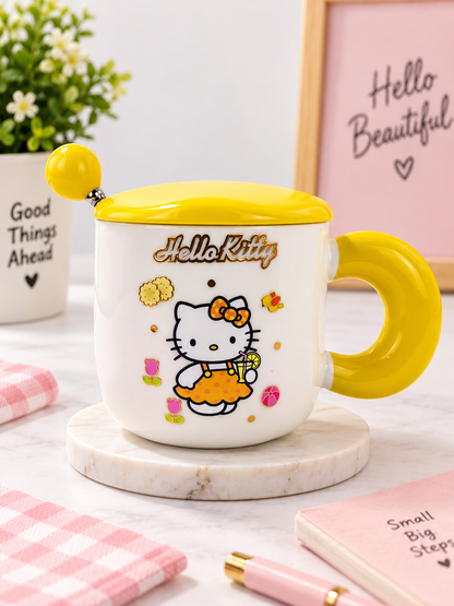 Ceramic coffee mug with lid and spoon, white with Hello Kitty print, yellow lid and handle.