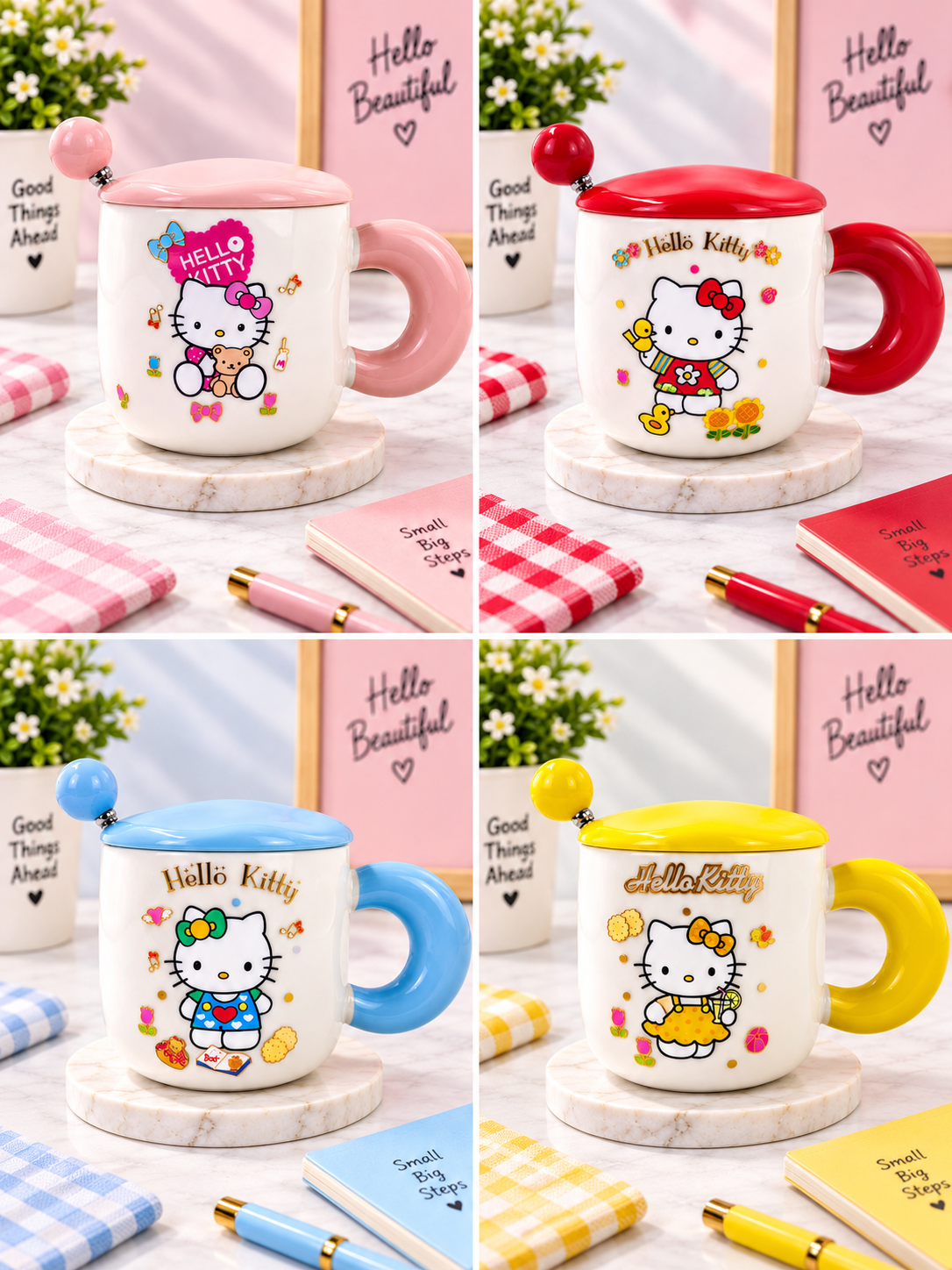 Ceramic coffee mugs with lids and spoons, four colors with Hello Kitty prints.