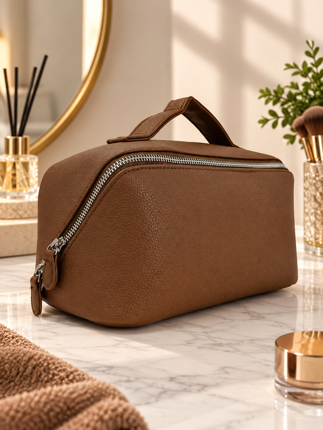 Brown pebble-textured toiletry pouch with top handle and silver-tone zipper pull.