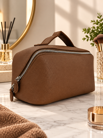 Brown pebble-textured toiletry pouch with top handle and silver-tone zipper pull.
