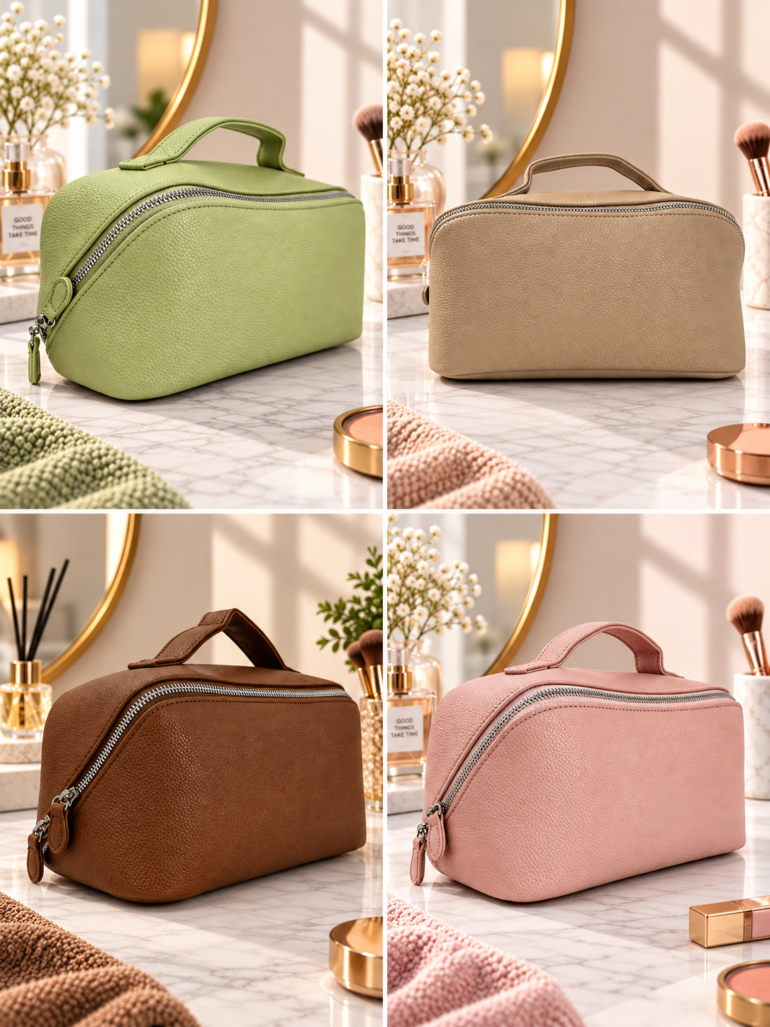 Four color toiletry pouches: green, beige, brown, and pink, each with top handles.