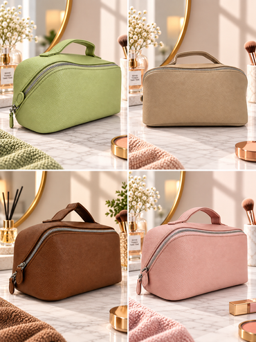 Four color toiletry pouches: green, beige, brown, and pink, each with top handles.