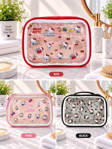 Hello Kitty transparent window toiletry bags in red, pink, and black (three views)