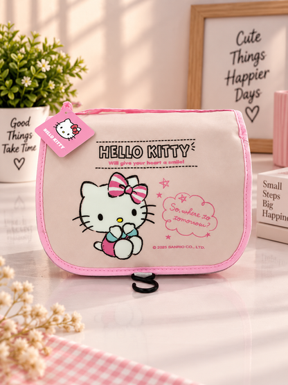 Hello Kitty mint-and-pink hanging toiletry bag, pink trim, bow and heart logo