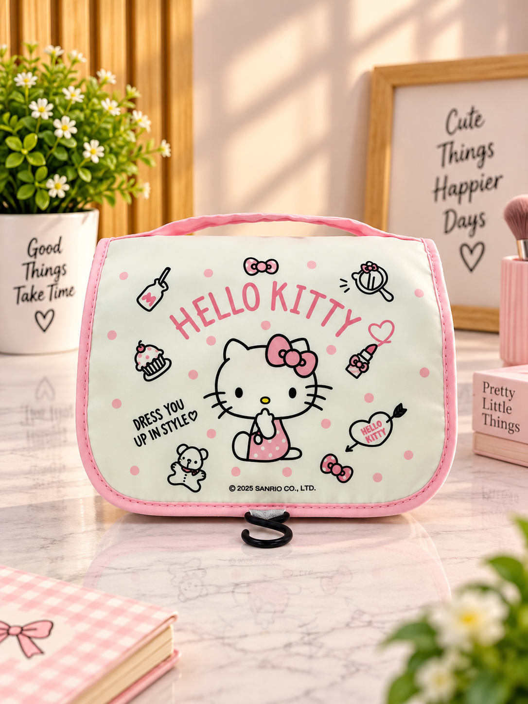 Hello Kitty hanging toiletry bag, pink border, full front print with bows and hearts
