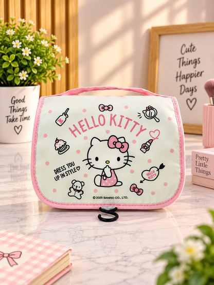 Hello Kitty hanging toiletry bag, pink border, full front print with bows and hearts