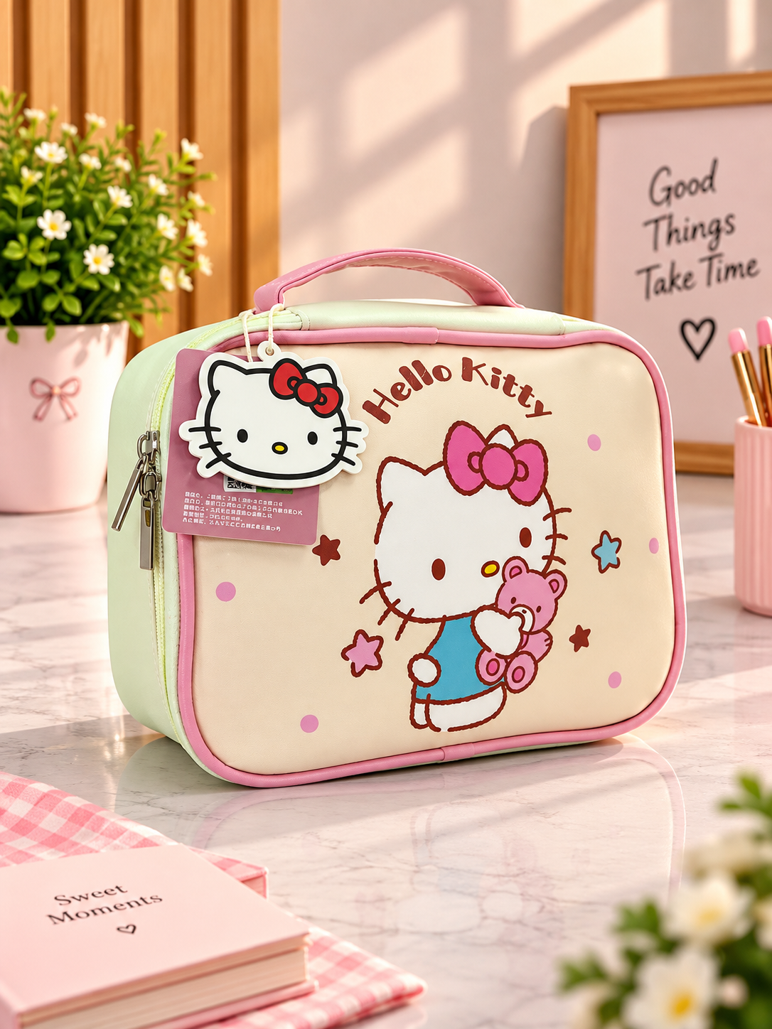 Hello Kitty toiletry bag with mint sides, pink zipper, Hello Kitty face and stars print