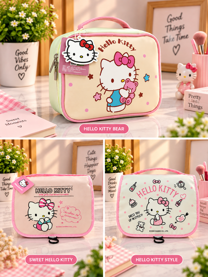 Hello Kitty mint-and-pink hanging toiletry bag shown in multiple views, front prints