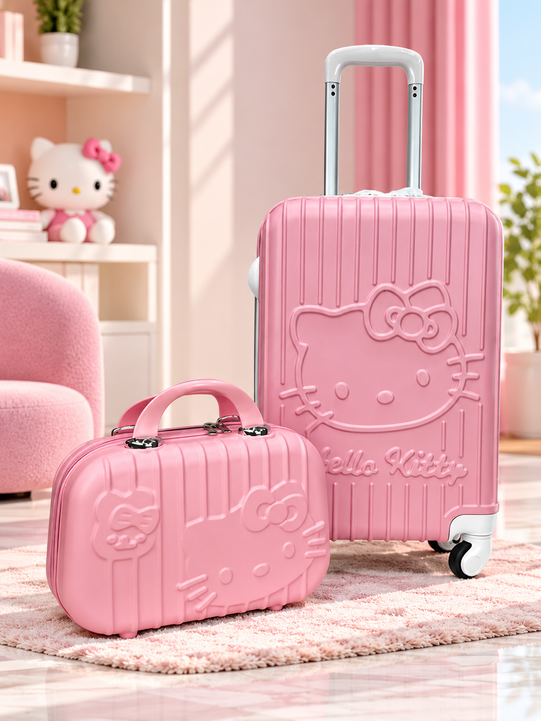 Hello Kitty pink spinner luggage set with vanity case, upright suitcase and small rolling case