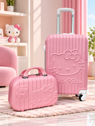 Hello Kitty pink spinner luggage set with vanity case, upright suitcase and small rolling case