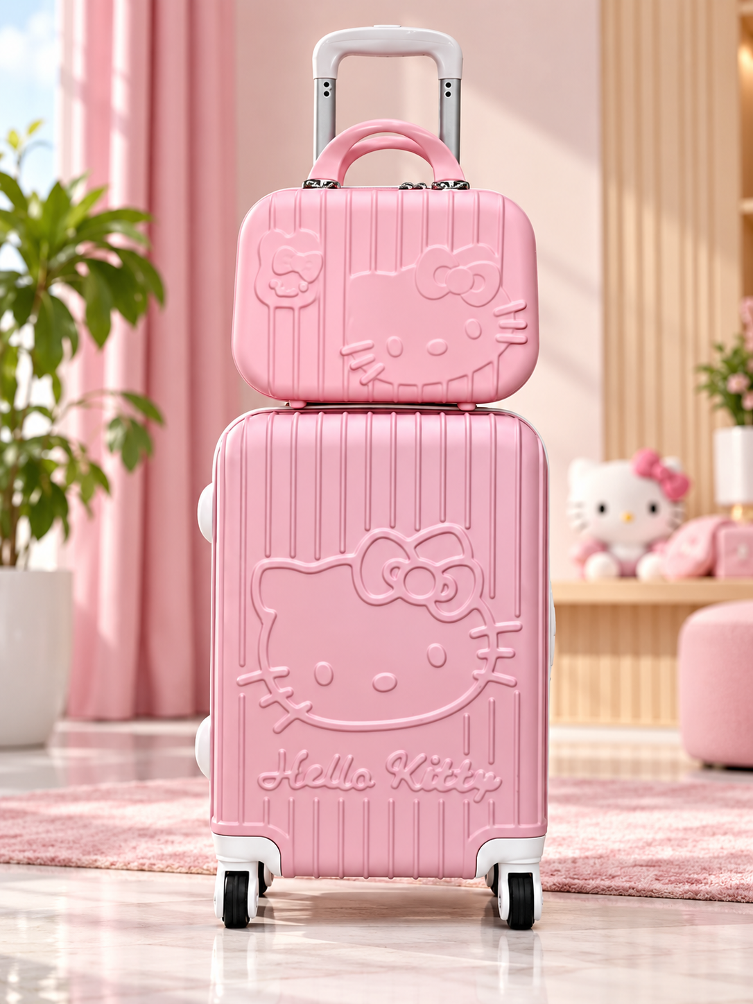Hello Kitty pink spinner luggage set with embossed design, stacked suitcases with handles